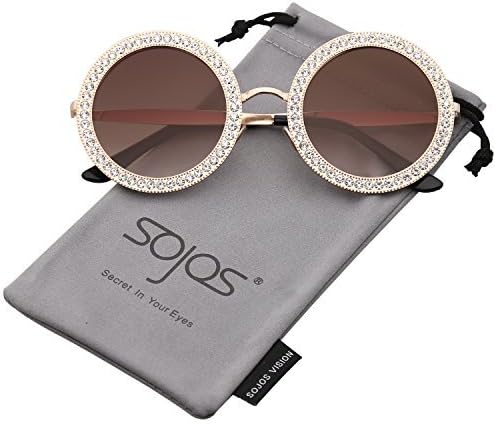 SOJOS Shining Oversized Round Rhinestone Sunglasses Festival Gem Sunnies SJ1095 with Gold FrameGradient Brown Lens with Crystal Diamonds